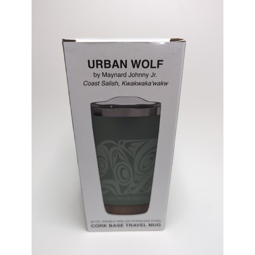 Native Northwest 20oz Cork Base Travel Mug "URBAN WOLF" by Maynard Johnny Jr